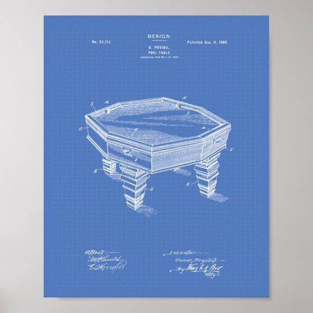 Pool Table 1900 Patent Art Blueprint Poster (Front)