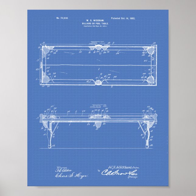 Pool Table 1902 Patent Art - Blueprint Poster (Front)