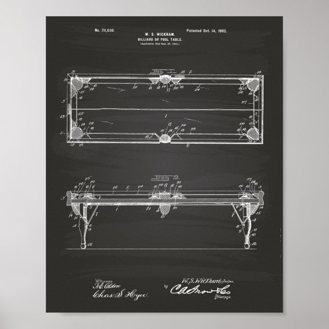 Pool Table 1902 Patent Art - Chalkboard Poster (Front)