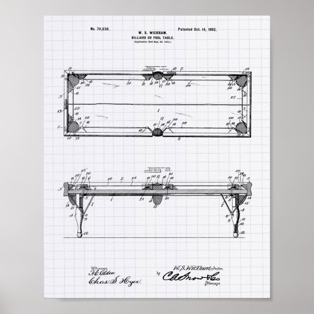 Pool Table 1902 Patent Art - Lined Peper Poster (Front)