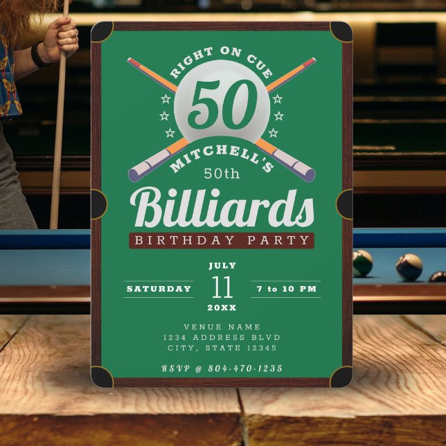 Pool Table Billiards 50th Birthday Party Invitation (Pool Billiards 50th Birthday Party Green Invitation
)