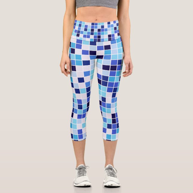 Pool Tiles, Blue Mosaic Tiles, Geometric Pattern Capri Leggings (Front)