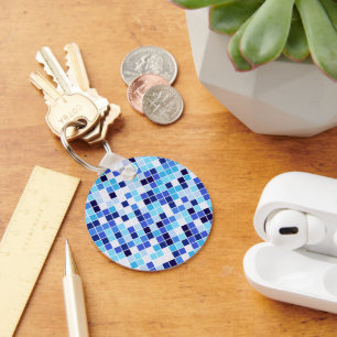 Pool Tiles, Blue Mosaic Tiles, Geometric Pattern Key Ring