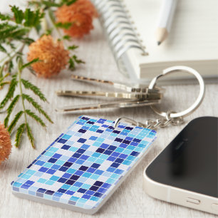 Pool Tiles, Blue Mosaic Tiles, Geometric Pattern Key Ring