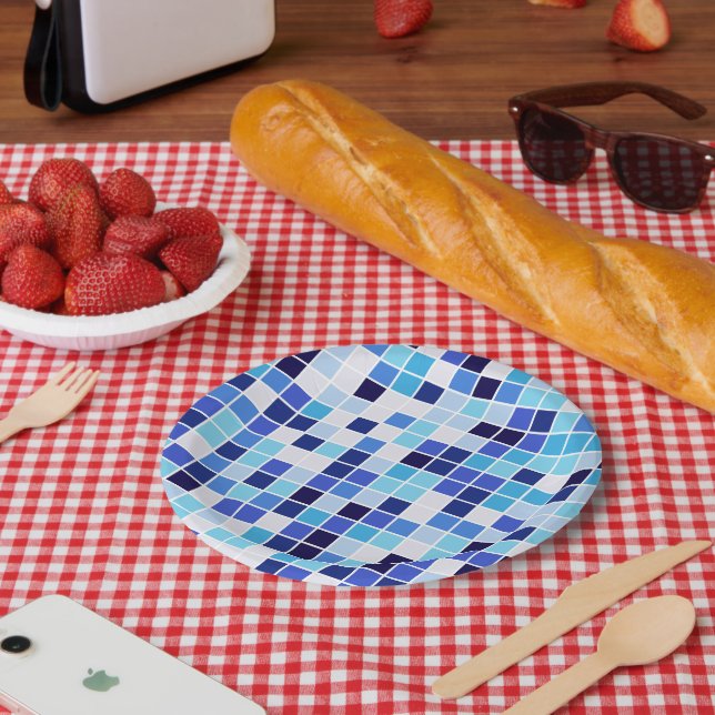 Pool Tiles, Blue Mosaic Tiles, Geometric Pattern Paper Plate (Picnic)
