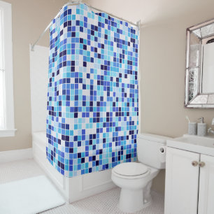 Pool Tiles, Blue Mosaic Tiles, Geometric Pattern Shower Curtain
