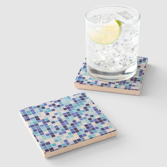 Pool Tiles, Blue Mosaic Tiles, Geometric Pattern Stone Coaster (Side)