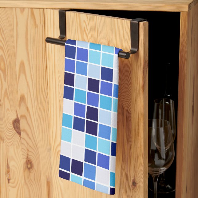 Pool Tiles, Blue Mosaic Tiles, Geometric Pattern Tea Towel (Thirds Fold)