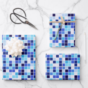 Pool Tiles, Blue Mosaic Tiles, Geometric Pattern Wrapping Paper Sheet