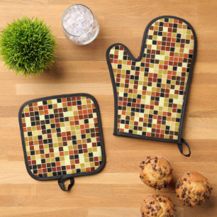 Pool Tiles, Brown Mosaic Tiles, Geometric Pattern Oven Mitt & Pot Holder Set