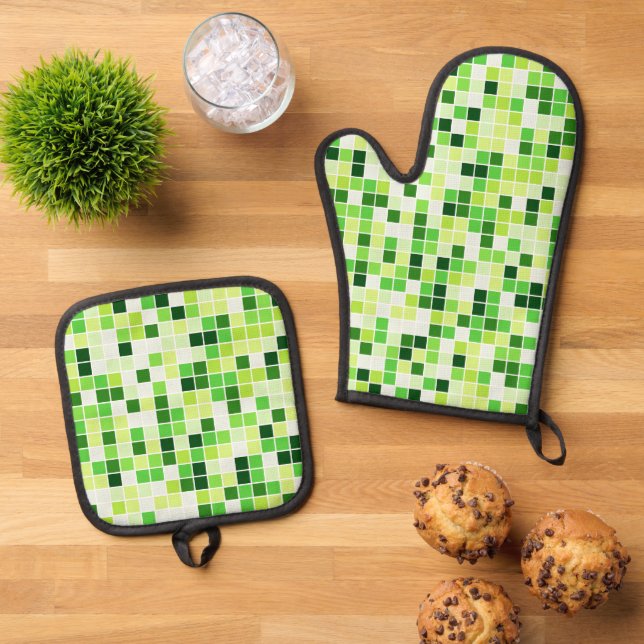 Pool Tiles, Green Mosaic Tiles, Geometric Pattern Oven Mitt & Pot Holder Set (Top Down)