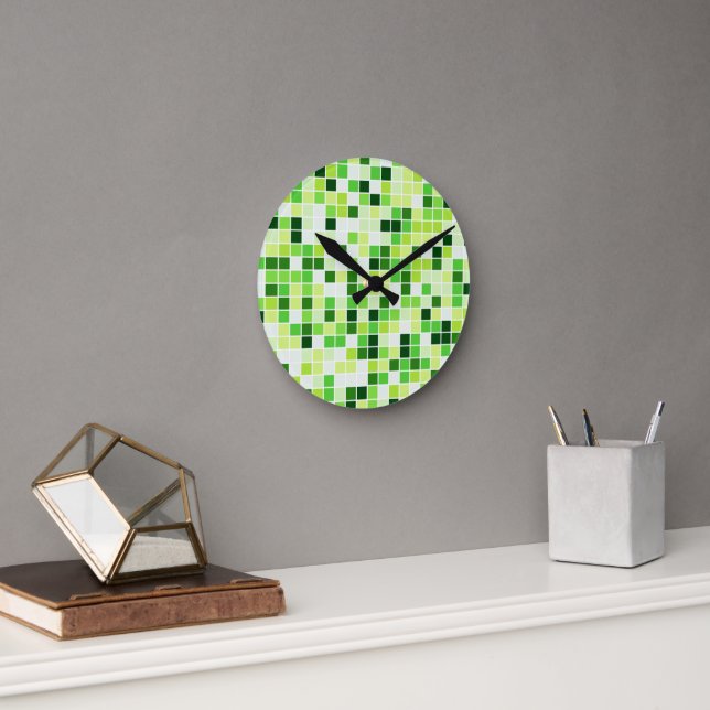 Pool Tiles, Green Mosaic Tiles, Geometric Pattern Round Clock (Office)