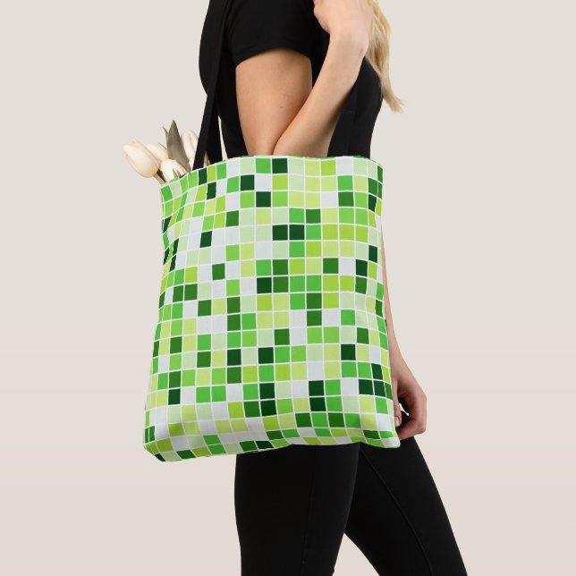 Pool Tiles, Green Mosaic Tiles, Geometric Pattern Tote Bag (Close Up)