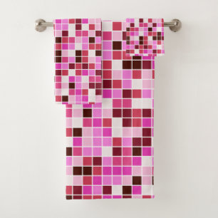 Pool Tiles, Pink Mosaic Tiles, Geometric Pattern Bath Towel Set