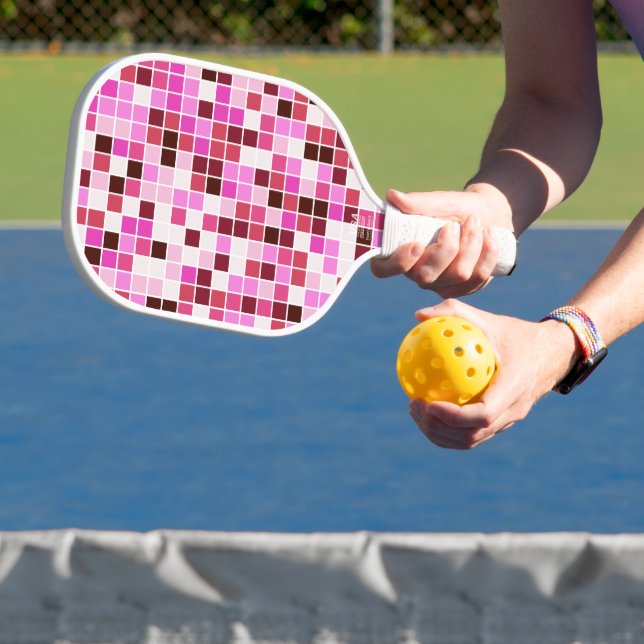 Pool Tiles, Pink Mosaic Tiles, Geometric Pattern Pickleball Paddle (Insitu)