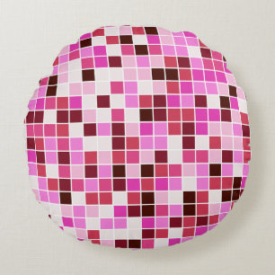 Pool Tiles, Pink Mosaic Tiles, Geometric Pattern Round Cushion
