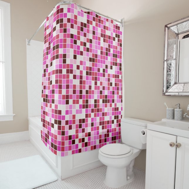 Pool Tiles, Pink Mosaic Tiles, Geometric Pattern Shower Curtain (In Situ)
