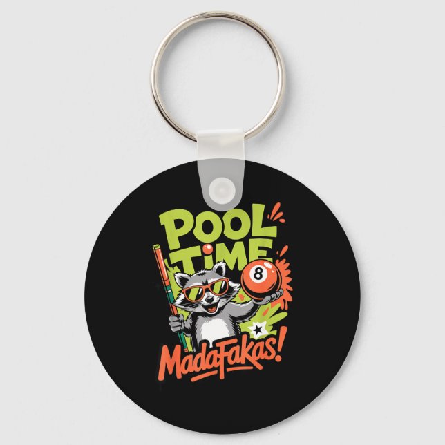 Pool time madafakas funny racoon billiards player key ring (Front)