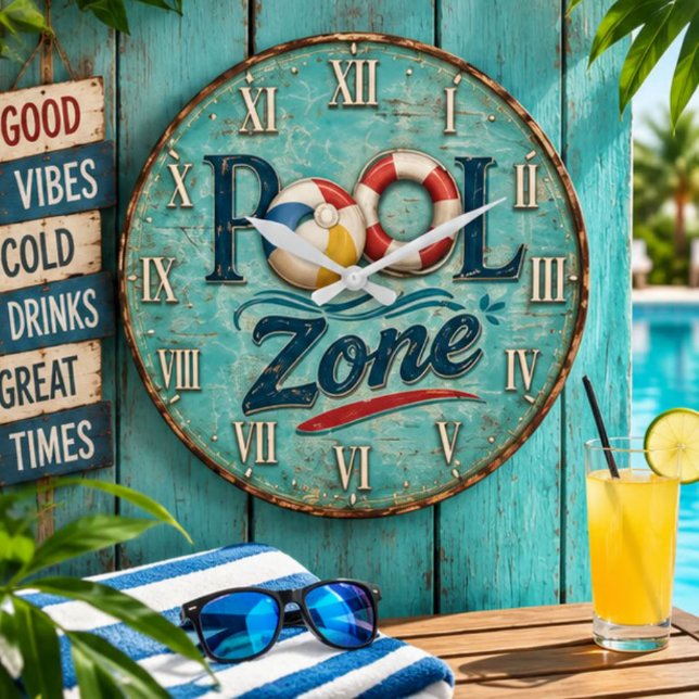 Pool Zone Vintage Poolside Beach House Large Clock (Creator Uploaded)