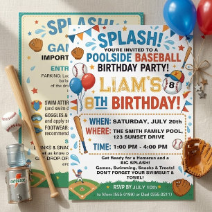 Poolside Baseball Birthday Party Splish Splash Invitation