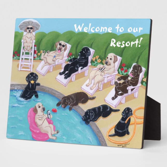 Poolside Party Labradors Painting Plaque (Side)