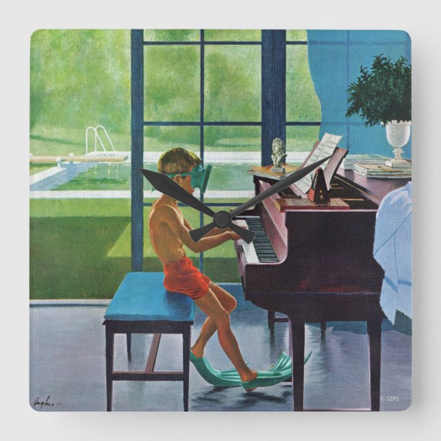 Poolside Piano Practice Square Wall Clock (Front)