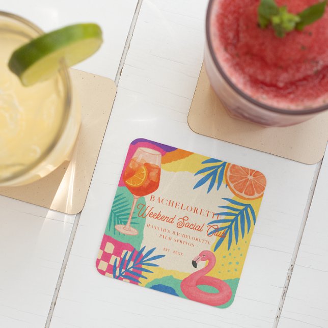 Poolside Weekend Social Club Bachelorette  Square Paper Coaster (Creator Uploaded)