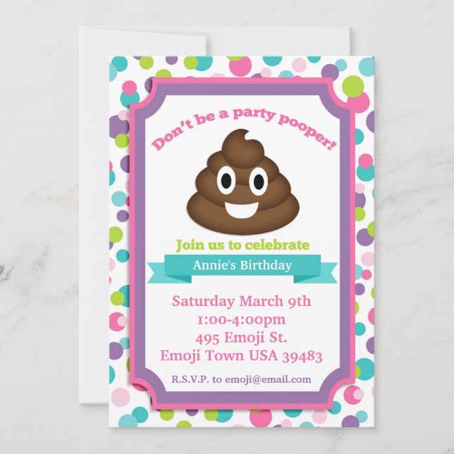 Poop Emoji Girl Birthday Invitation (Front)