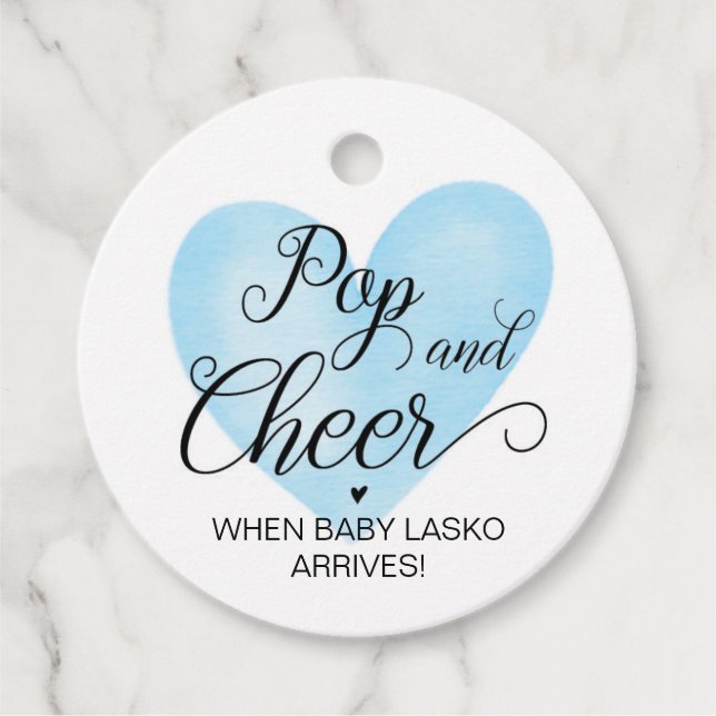 Pop and Cheer Blue Baby Shower Favour Tag (Front)