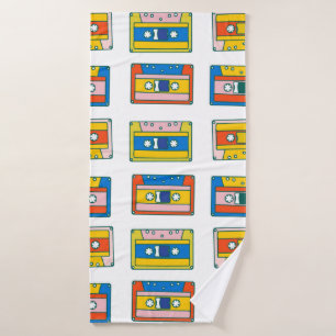 Pop art 90s seamless pattern of music cassettes. B Bath Towel