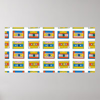 Pop art 90s seamless pattern of music cassettes. B