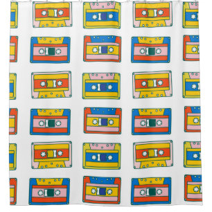 Pop art 90s seamless pattern of music cassettes. B Shower Curtain