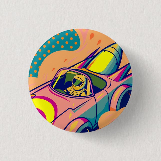 Pop Art Astronaut Driving Rocket Car 3 Cm Round Badge (Front)