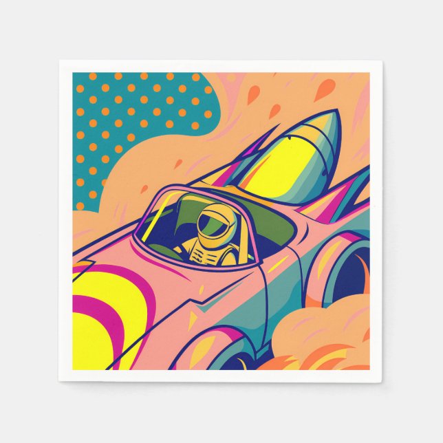 Pop Art Astronaut Driving Rocket Car Napkin (Front)