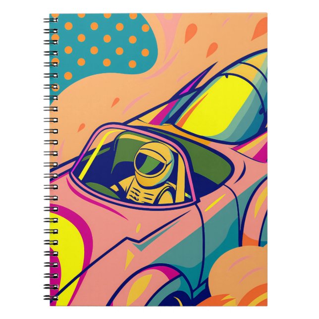 Pop Art Astronaut Driving Rocket Car Notebook (Front)