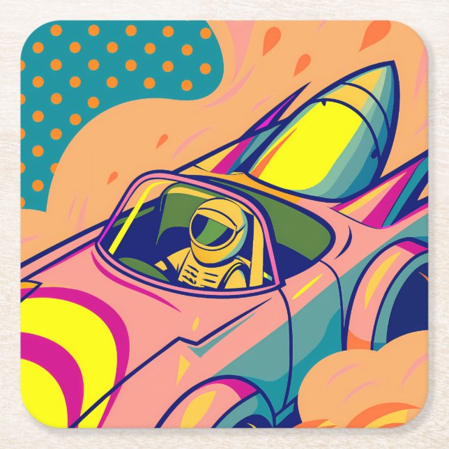 Pop Art Astronaut Driving Rocket Car Square Paper Coaster (Front)