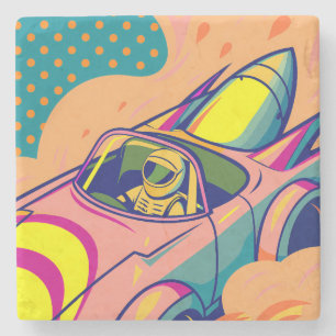 Pop Art Astronaut Driving Rocket Car Stone Coaster