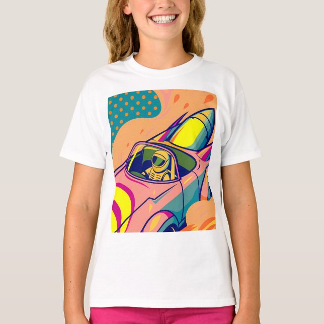 Pop Art Astronaut Driving Rocket Car T-Shirt (Front)