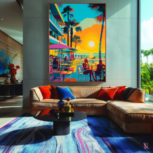 Pop Art Beachfront Café at Sunset Canvas Print