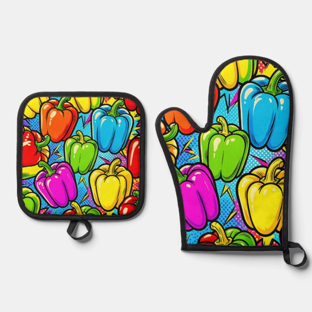 Pop Art Bell Peppers Pattern Oven Mitt & Pot Holder Set (Front)