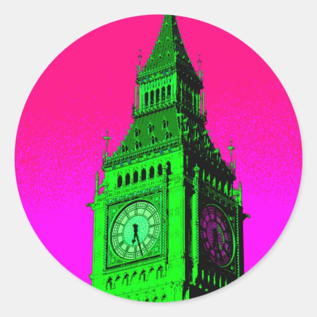 Pop Art Big Ben London Travel Pink Green Classic Round Sticker (Front)