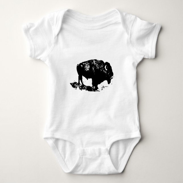 Pop Art Black White Buffalo Bison Silhouette Baby Bodysuit (Front)