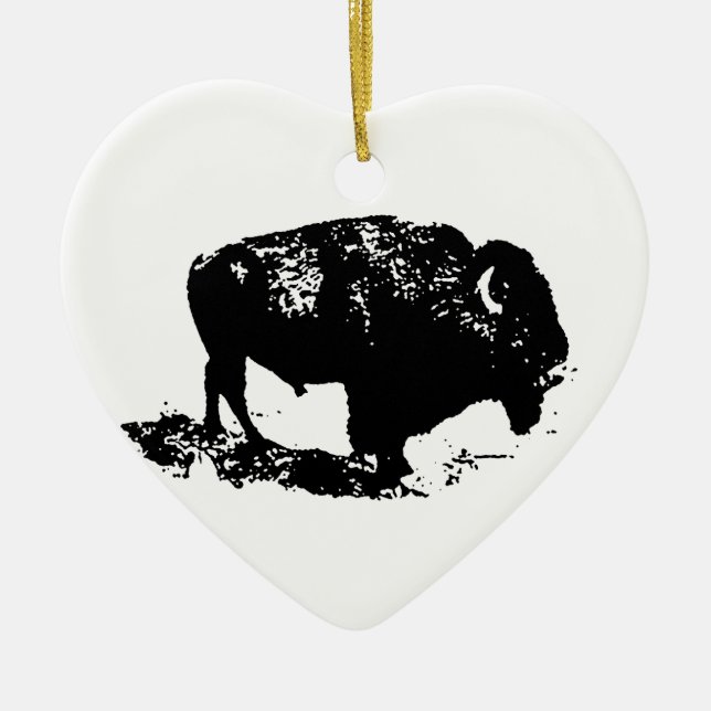 Pop Art Black White Buffalo Bison Silhouette Ceramic Tree Decoration (Front)
