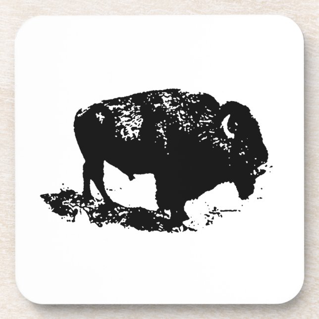 Pop Art Black White Buffalo Bison Silhouette Coaster (Front)