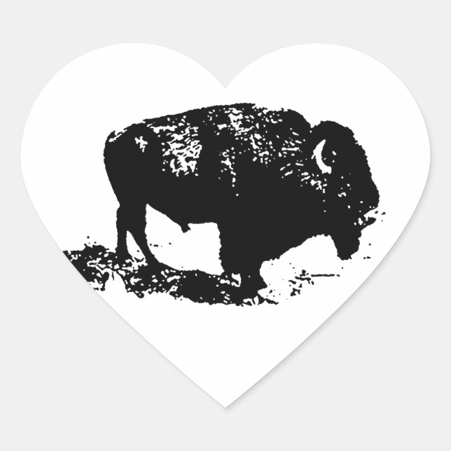 Pop Art Black White Buffalo Bison Silhouette Heart Sticker (Front)