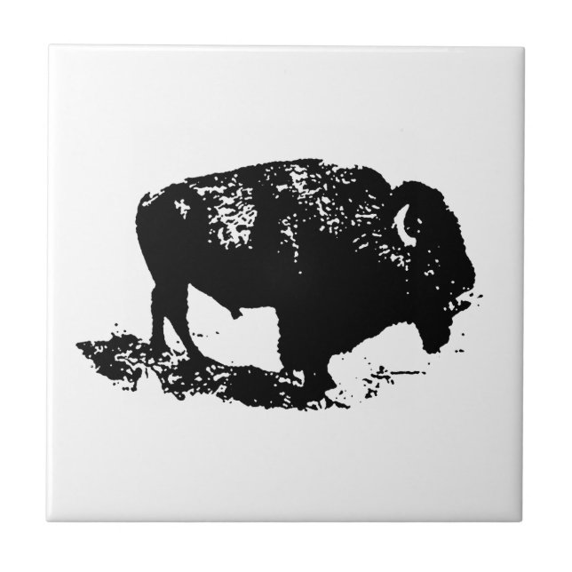 Pop Art Black White Buffalo Bison Silhouette Tile (Front)