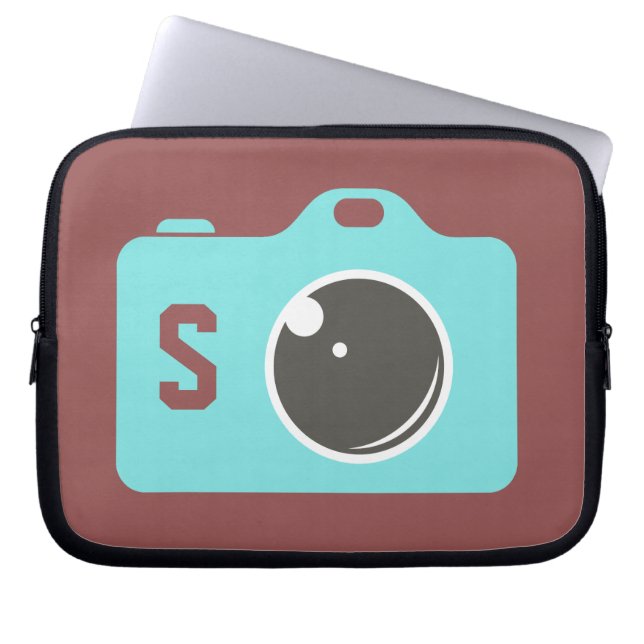 Pop Art Blue Camera Burgundy Monogram Laptop Sleeve (Front)