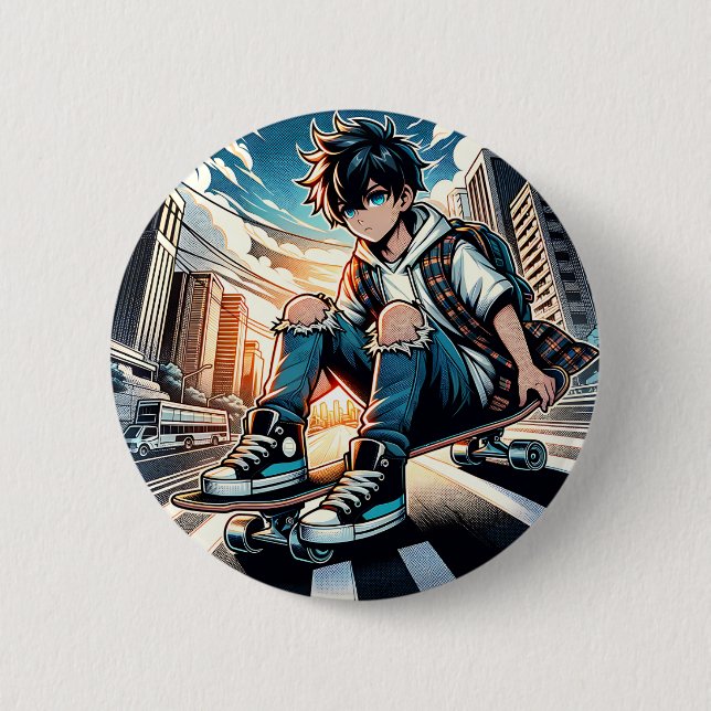 Pop Art Boy on Skateboard in City  6 Cm Round Badge (Front)