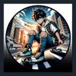 Pop Art Boy on Skateboard in City  Poster<br><div class="desc">An anime boy riding his skateboard riding down a city street with ripped jeans and an urban background comic book style art.</div>