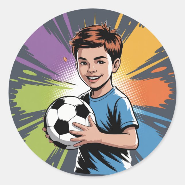Pop Art Boy Soccer Player Birthday Bash Classic Round Sticker (Front)